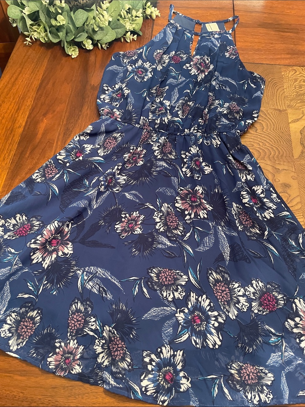 Japna Navy Blue Floral Halter Dress with Cream and Pink Accents C8